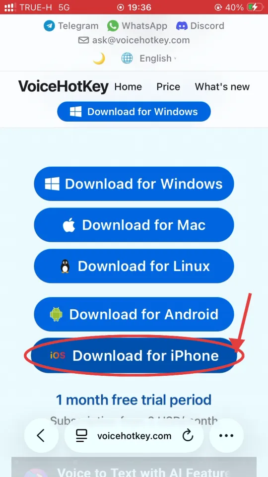 Beranda voicehotkey.com dengan tombol Download for iPhone