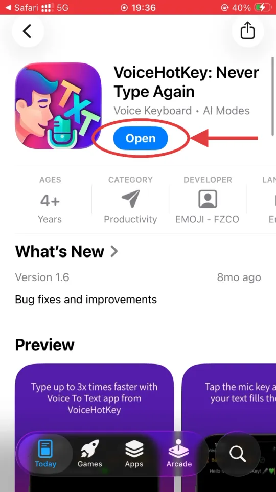 Tombol Open di App Store setelah dipasang