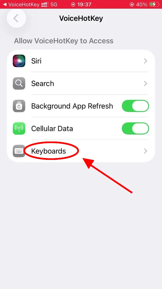 iOS Settings menampilkan akses VoiceHotKey