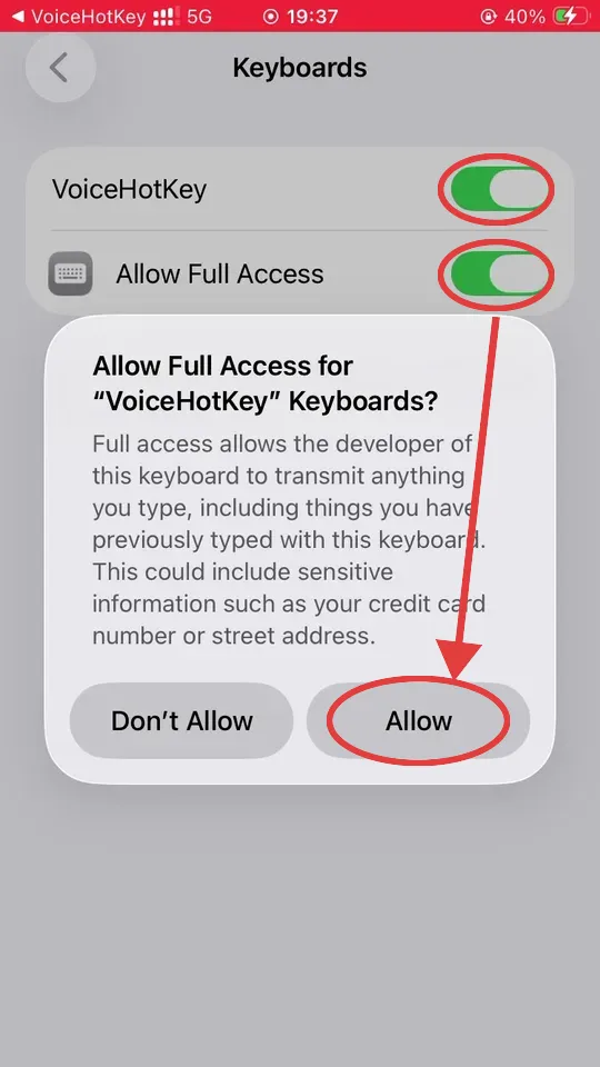Dialog peringatan iOS Allow Full Access