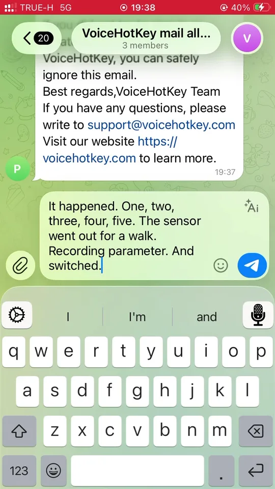 Teks hasil transkripsi disisipkan ke Telegram