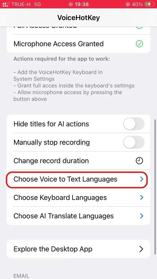 Opsi pengaturan VoiceHotKey
