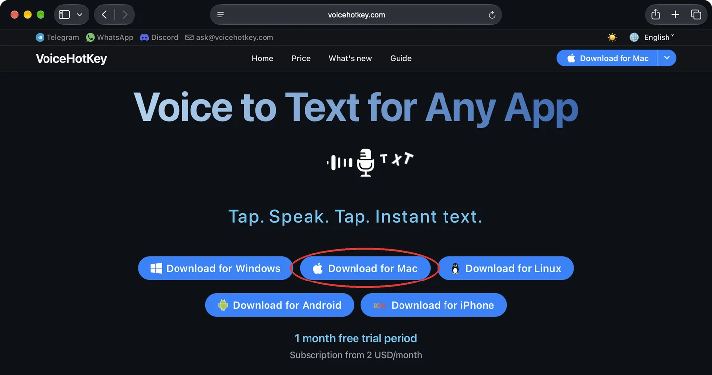 Halaman utama voicehotkey.com dengan tombol unduh untuk Mac
