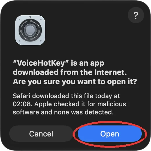 Dialog macOS untuk aplikasi yang diunduh dari internet dengan tombol Buka
