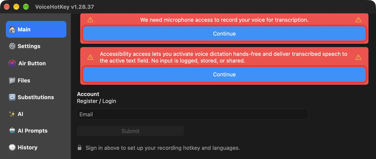 Jendela utama VoiceHotKey dengan pemberitahuan mikrofon dan aksesibilitas