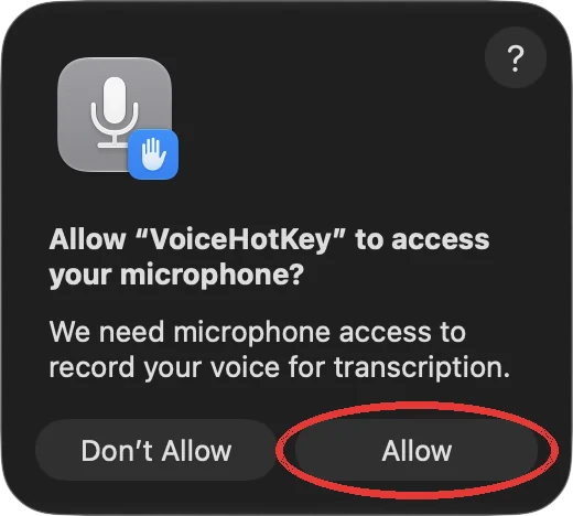 Dialog izin mikrofon macOS dengan tombol Izinkan