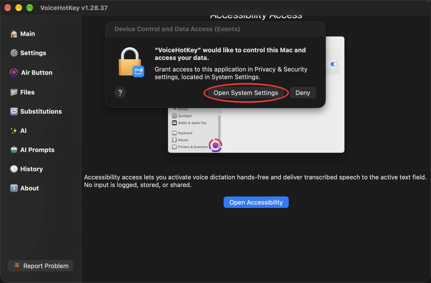 Permintaan aksesibilitas macOS dengan tombol untuk membuka Pengaturan Sistem