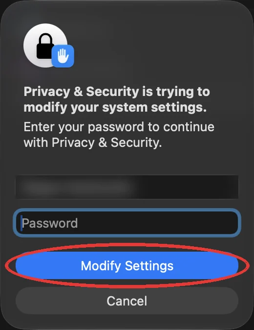 Permintaan kata sandi macOS dengan tombol untuk mengubah pengaturan