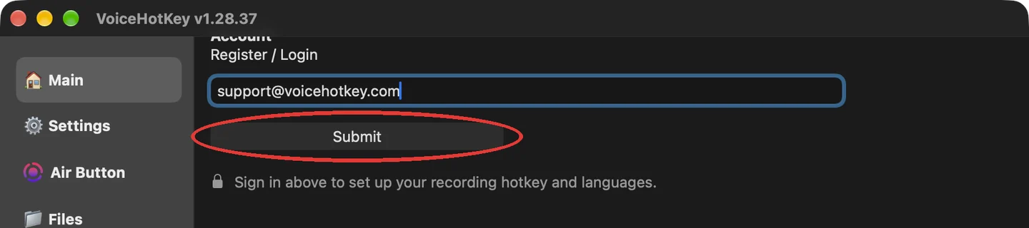 Kolom email VoiceHotKey dengan tombol Kirim
