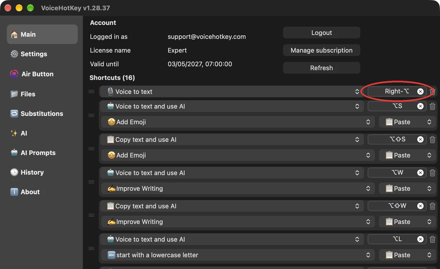 VoiceHotKey setelah masuk, dengan Option kanan sebagai pintasan dikte