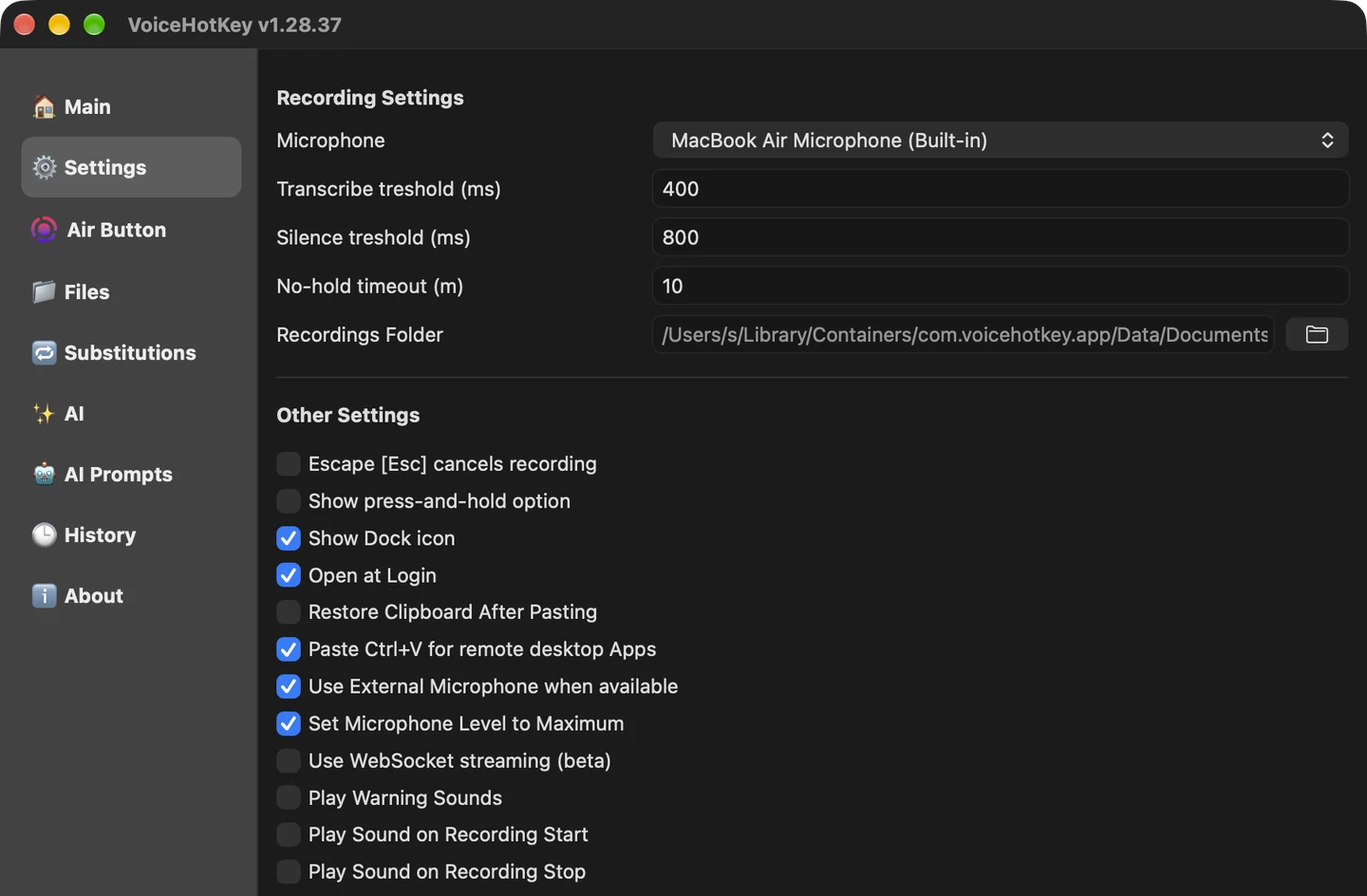 Tab Pengaturan VoiceHotKey