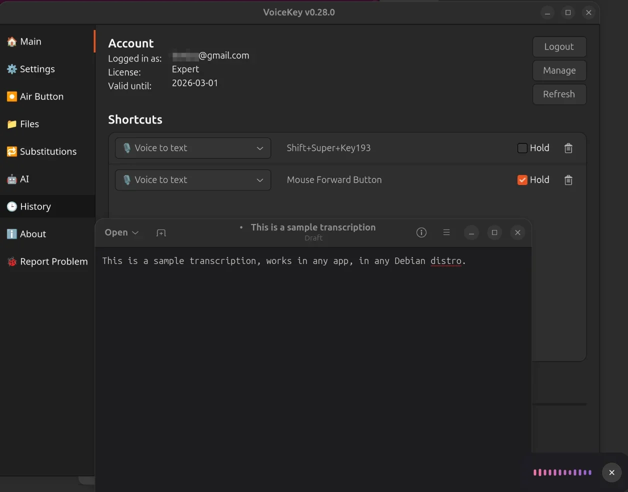 Aplikasi dikte suara VoiceKey berjalan di Ubuntu Linux dengan pintasan dan transkripsi langsung